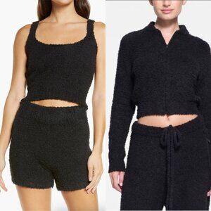 Skims Black Onyx Cozy Boucle Fuzzy 3pc Shorts Tank Top Crop Hoodie Lounge Set SM